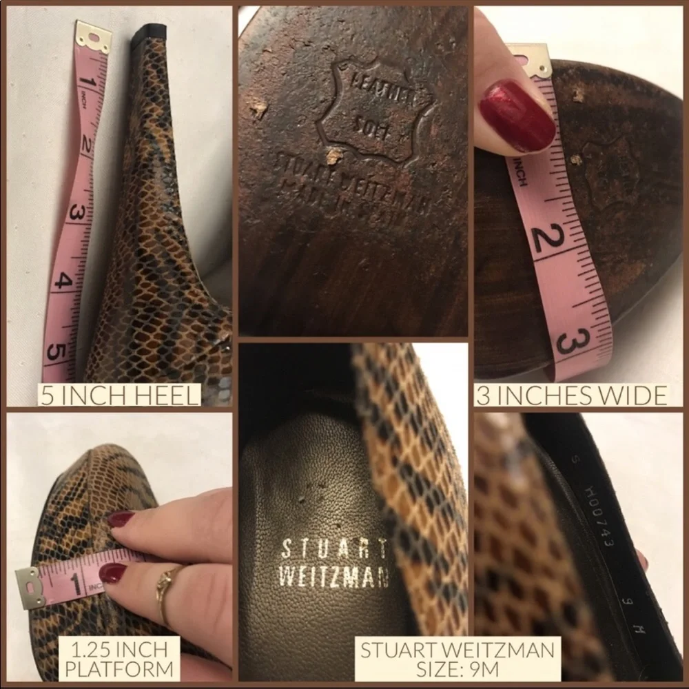 STUART WEITZMAN BROWN & BLACK LEATHER ANIMAL PRINT SNAKESKIN EMBOSSED HEELS (9)